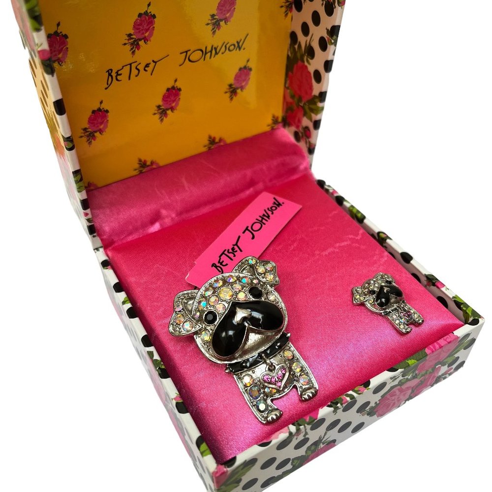 Betsey Johnson Crystal and Black Enamel Silver Tone Bulldog Brooch Pin Set